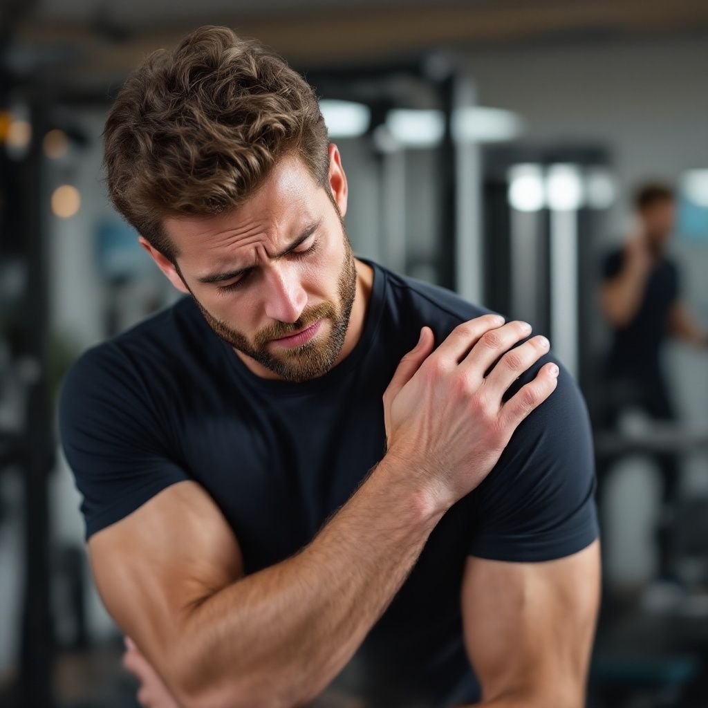 Hombre joven con expresión de dolor tocándose el hombro