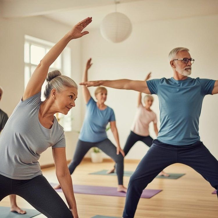 Grupo de adultos mayores realizando posturas de yoga en un salón