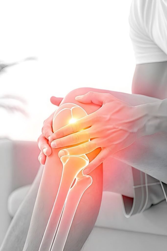 Representación anatómica de rodilla con puntos de dolor en rojo